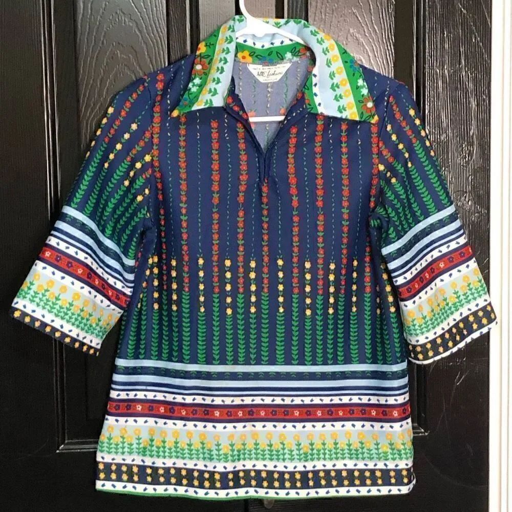 Vtg NPC Fashions Womens Blouse M Poly Retro 3/4 Sleeves Spread Collar Floral